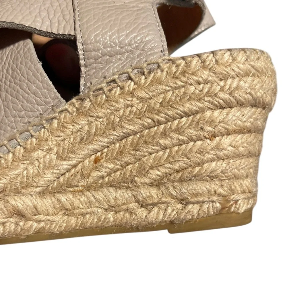 kanna Taupe Textured Leather Spain Espadrille Wedge Sandals Size EU 37 US 6.5-7